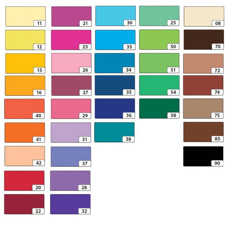 May include: A color chart with 90 different paint colors, numbered 08 through 90. The colors are arranged in rows and columns, with each color having a corresponding number.