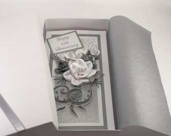 Quilling Card for 25th Silver Wedding Anniversary, Luxury Greeting Card Boxed, Wedding Congratulations Card, Handmade White and Silver color
