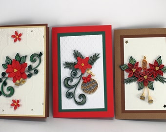 Handmade Christmas Cards Pack of 3 - Special Family Holiday Cards - Seasonal Greetings Cards - Paper Quilling Xmas Cards