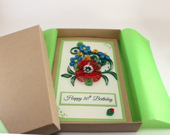 Birthday Card with Poppy Flower for Daughter Mom Sister Aunt - Personalized Quilling Card, Floral Greeting Card Boxed - 80th Birthday Card