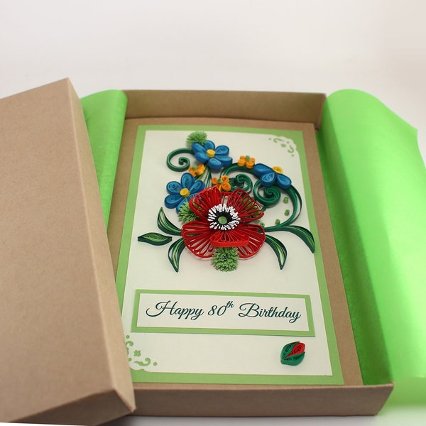 Birthday Card with Poppy Flower for Daughter Mom Sister Aunt - Personalized Quilling Card, Floral Greeting Card Boxed - 80th Birthday Card