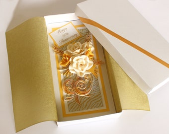 Gold Wedding Anniversary Card, Handmade Paper Roses Card, Luxury Greeting Card Boxed, Wedding Congratulations Card, Happy 50th Anniversary