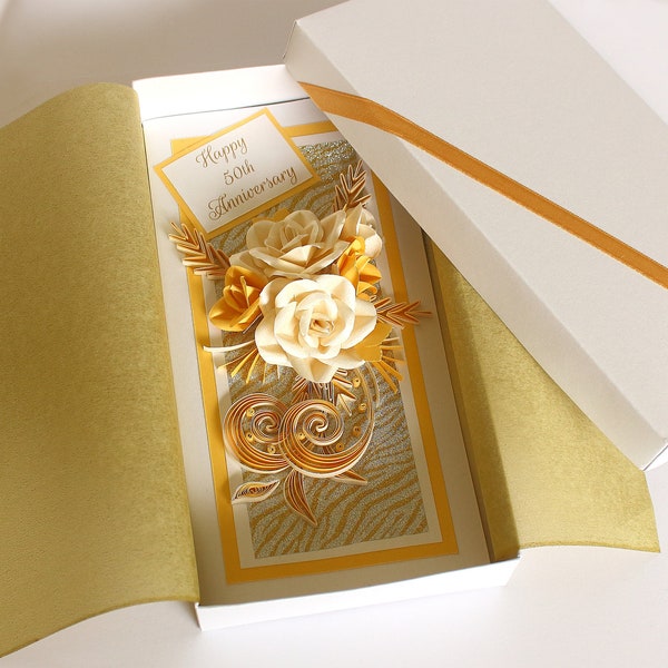 Carte d'anniversaire de mariage en or, carte de roses en papier faite main, carte de voeux de luxe dans une boîte, carte de félicitations de mariage, joyeux 50e anniversaire