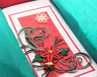 Christmas Card - Handmade Quilled Card with Snowflake, Poinsettia flower - Xmas greeting card - Luxury Quilling Christmas Card