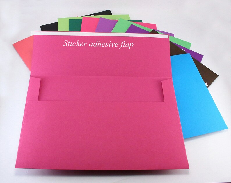 May include: A stack of colorful envelopes with a sticker adhesive flap. The top envelope is pink and has a white flap.