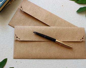 25 #10 Business Size Envelopes - Long Mailing Envelopes for Wedding Invitations Vouchers - Recycled Brown Ribbed Kraft Paper