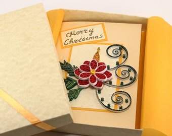 Merry Christmas Card - Handmade Quilled Christmas Flower Poinsettia - Handmade Quilling Christmas Card - Unique Holiday Card for friend