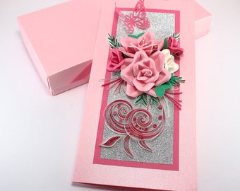 Floral Birthday Card for Girl Daughter, Handmade  Quilling card with Pink roses and butterfly, Luxury Boxed Greeting Card, Flower Girl Card