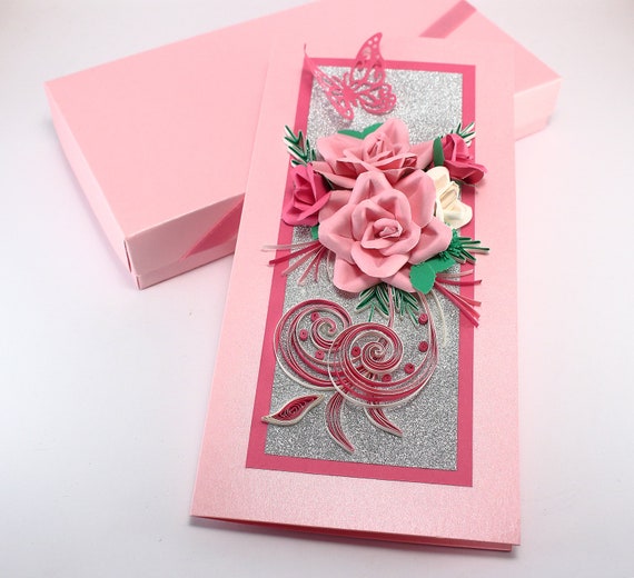 Personalised Handmade Luxury Birthday//AnniversaryCard.Quilled Roses multi colour