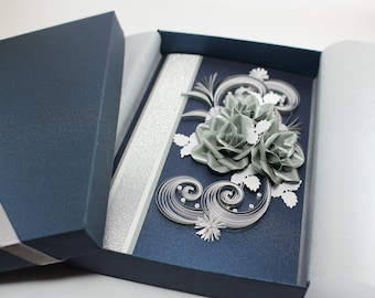 Elegant Navy Blue Birthday Card with Silver Roses - Handmade Paper Quilling Card in Luxury Gift Box - Floral Greeting Card