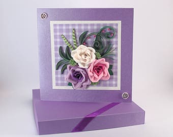 Quilling Birthday card - Purple Birthday Card - Roses Birthday Card for Her Girlfriend Wife Mom - Floral Birthday Card, Unique Greeting Card