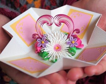 3D Handmade Love Card - Quilling Card Box - Pop up Valentine Card - 3D Greeting Card - I Love You - Quilling Valentines Day Card