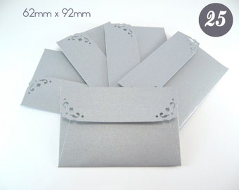 25 Mini Envelopes with notecards - Metallic Silver Envelopes - Wedding Guest Book Envelopes - Small Gift Card Envelopes Handmade Thank You