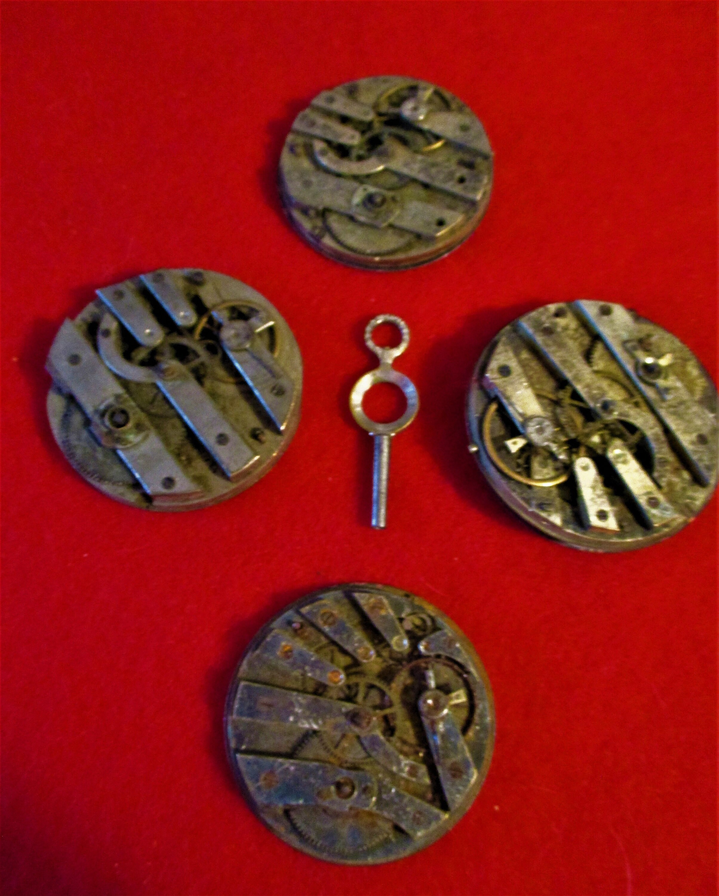 4 Antique Partial Pocket Watch Works with Porcelain Dials for Parts