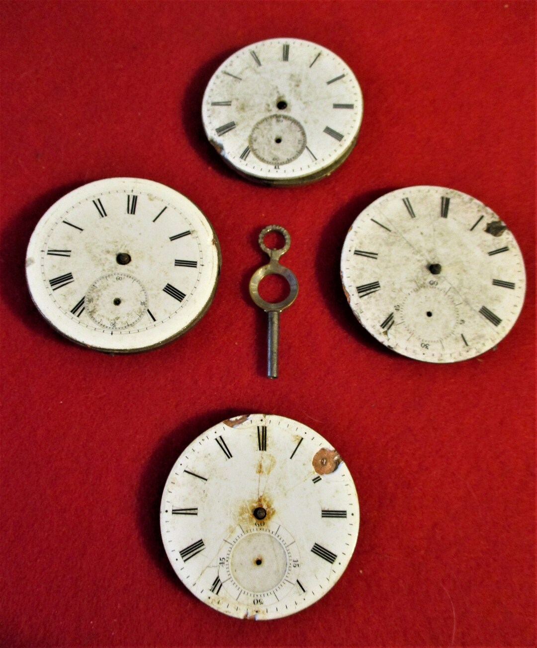 4 Antique Partial Pocket Watch Works With Porcelain Dials for Parts