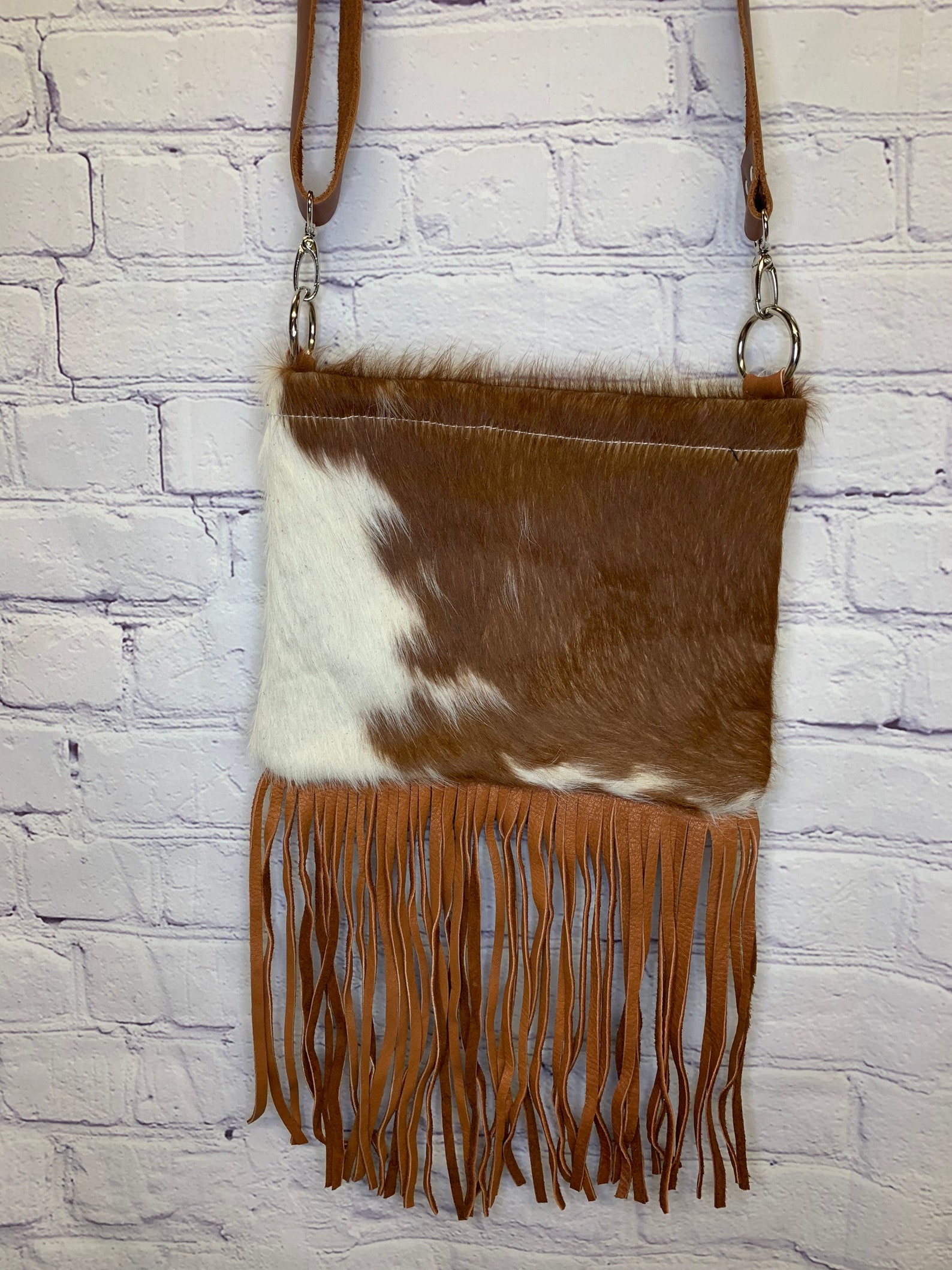 Hair on hide and leather with fringe crossbody bag Etsy