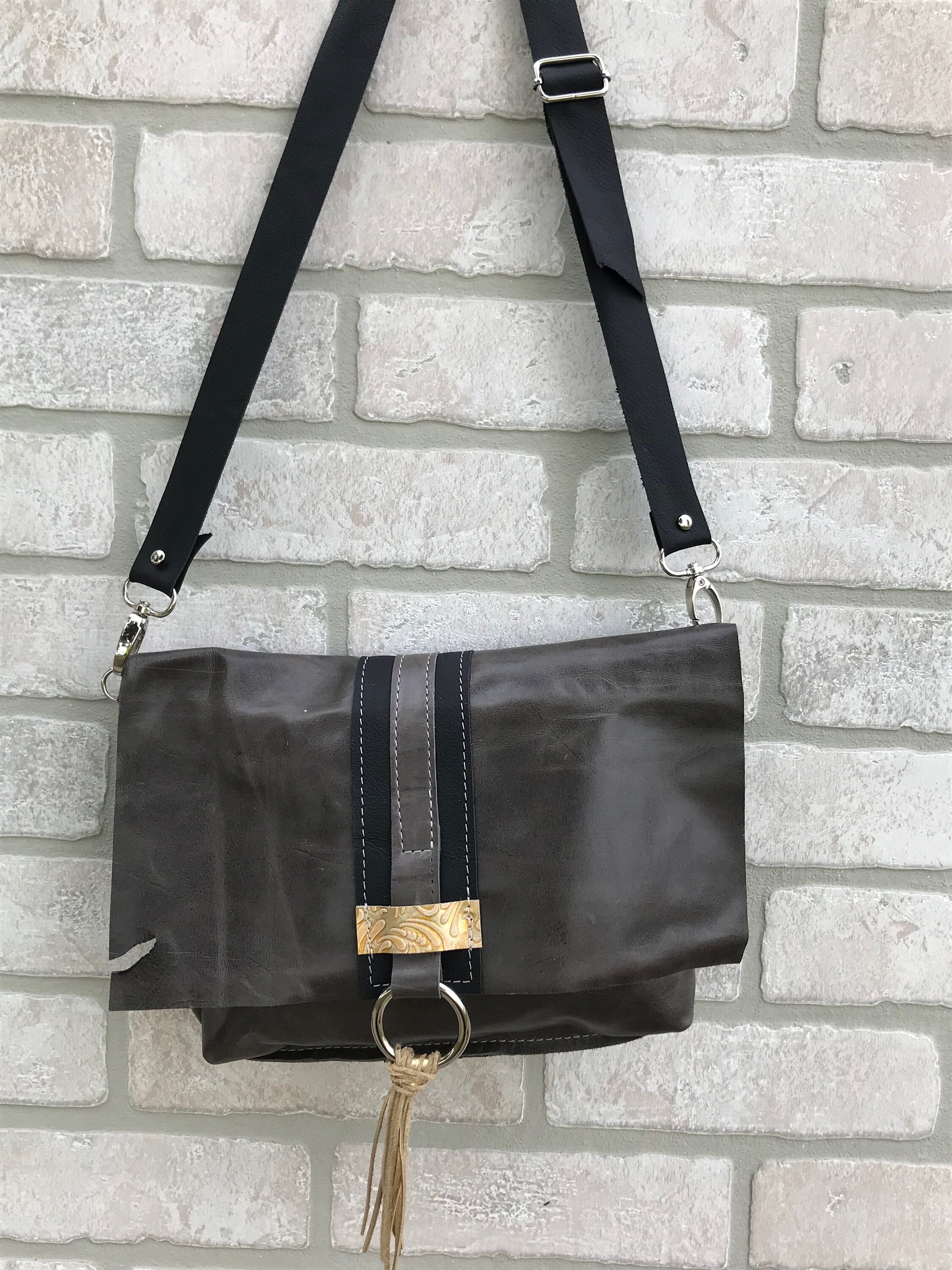 Grey leather fold over crossbody bag handbag purse Etsy