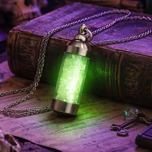 Uranium Glass Necklace UV-Reactive Blacklight Pendant, Stainless Steel, Curiosities & Oddities