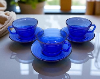 Vintage Hazel Atlas Cobalt Blue Moderntone Cup & Saucer, Depression Glass 1930s Tea Set, Art Deco Ribbed Glassware, Set of 3
