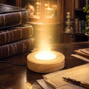 May include: A circular light-colored wooden display base with a glowing white LED center. The base is positioned on a dark wooden desk next to a stack of three antique leather-bound books, a fountain pen, and a sheet of handwritten paper.