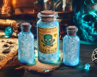 UV-reaktive blaue Uran-Meerglasstücke in 2-Zoll-Korkphiole, Vintage-Etikett mit einem recycelten Schädel, Liebhaber von Uranglas und Kuriositäten
