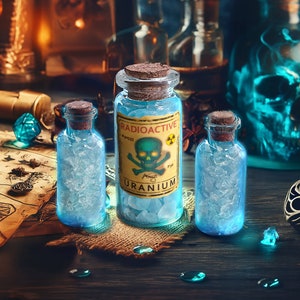 May include: Three glass bottles with blue liquid and cork stoppers. The center bottle has a yellow label with a skull and crossbones and the text "RADIOACTIVE URANIUM".