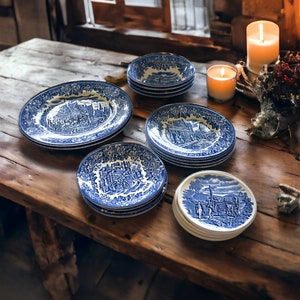 CHOICE Vintage Dickens Series Blue Coasters & Plates, English Ironstone Ceramic Tableware, Farmhouse Rustic Decor