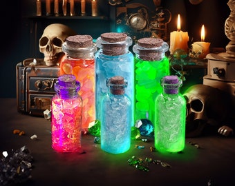 Uranglas Potion Vial Flaschen 6er Set, UV "leuchtendes" Seeglas, Kuriositäten & Kuriositäten Dekor
