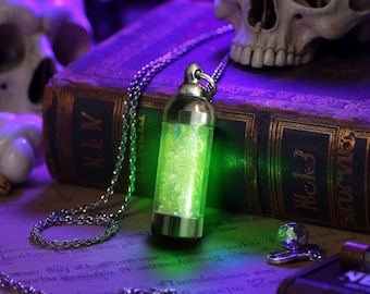 Crushed Uranium Glass Necklace Pendant, Glowing Green Vial, UV Reactive 395nm LED Glow, 20&quot; Stainless Chain, Curiosities & Oddities Necklace