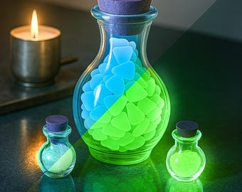 砕いたウランの海ガラス入り、3.5インチのコルク蓋付きポーション小瓶