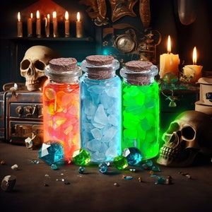 May include: Three glass bottles filled with colorful crystals. The bottles are arranged in a row on a dark surface. The bottles are surrounded by small, colorful gems.