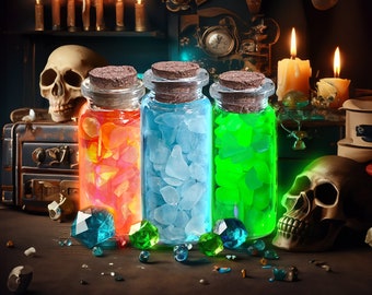 Crushed Uranium Sea Glass in Cork Top 2" Vials - 3 Piece Combo Kit Blue, Green, & Cadmium - Lovers of Uranium Glass, Curiosities/Oddities