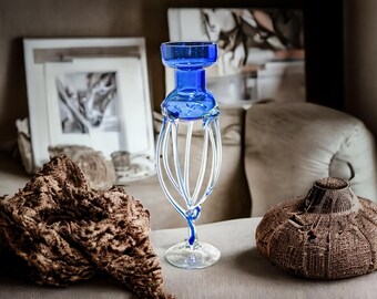 Vintage Handblown 10&quot; Makora Krosno Cobalt Blue Hand stretched Candlestick Holder, Polish Glass, Art Glass Jellyfish Votive Candle Holder
