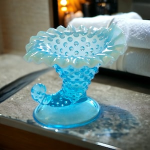 Vintage Aqua Blue Opalescent Hobnail Cornucopia by Fenton Glass, UV Reactive (Glows Green), Vintage Candle Holder & Vase Ruffled Edge