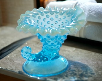 Vintage Aqua Blue Opalescent Hobnail Cornucopia by Fenton Glass, UV Reactive (Glows Green), Vintage Candle Holder & Vase Ruffled Edge