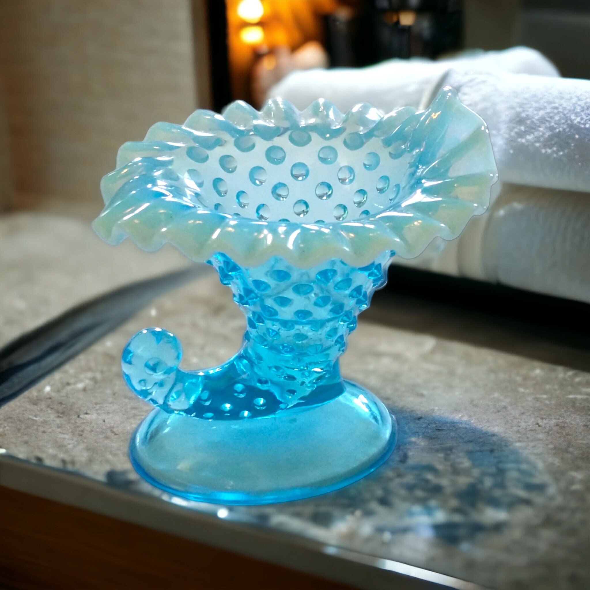 Vintage Aqua Blue Opalescent Hobnail Cornucopia by Fenton Glass