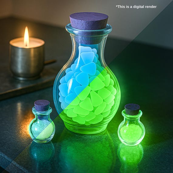 砕いた青いウランシーグラス（大きなポーションコルク瓶入り）、UV