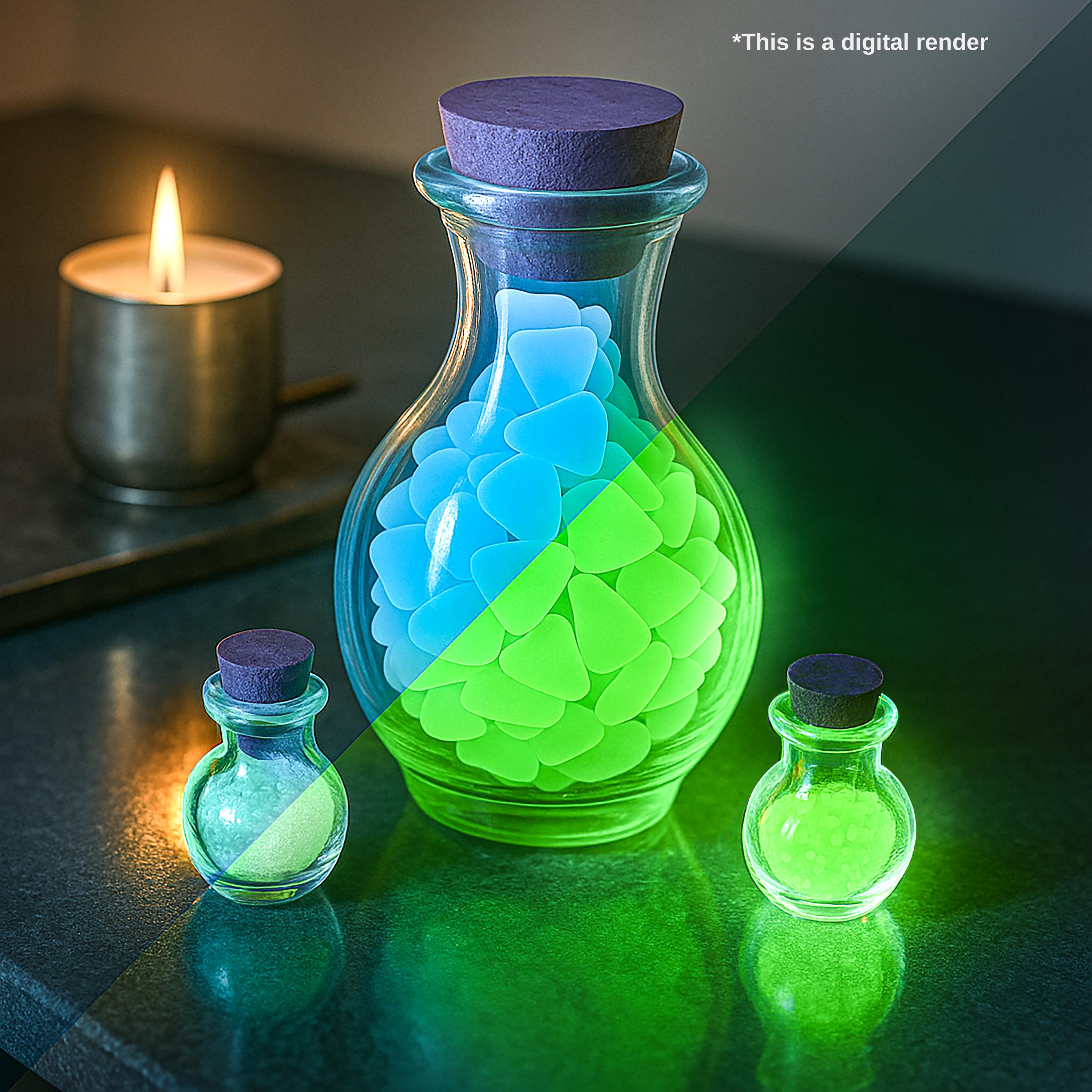 砕いた青いウランシーグラス（大きなポーションコルク瓶入り）、UV