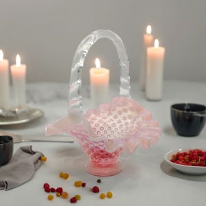 Vintage Fenton Light Pink Cranberry Opalescent Hobnail Glass Basket with Handle, 1940s Glass Collectible, Gift Giving and Holiday Decor