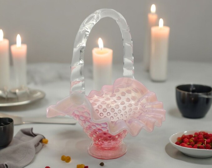 Vintage Fenton Light Pink Cranberry Opalescent Hobnail Glass Basket ...