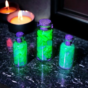 Crushed Green Uranium Sea Glass in Cork-Topped 2 Potion Vial, UV-Reactive Glowing, Lovers of Uranium & Curiosities/Oddities, Gifts under 20 image 2