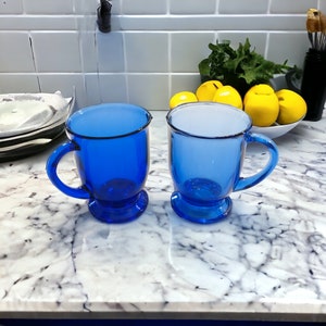 Vintage 16oz Anchor Hocking "Cafe Cobalt Blue" Glass Mugs, 5", Pedestal Coffee Tea Mug Glass Cup, Set of 2