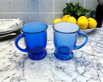 Vintage 16oz Anchor Hocking &quot;Cafe Cobalt Blue&quot; Glass Mugs, 5&quot;, Pedestal Coffee Tea Mug Glass Cup, Set of 2