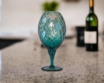 Vintage MCM 9" Italian Empoli Optic Blue Quilted Glass Brandy Snifter Vase Goblet