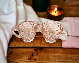 Vintage Jeannette Glass "Cube Pink" Open Sugar and Mini Creamer Set - Depression Glassware