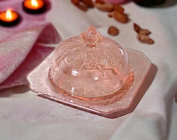 Glass Adam Pink Butter Dish With Dome Lid, Vintage Pink