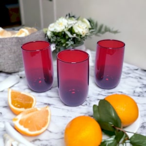 Vintage Anchor Hocking "Roly Poly Royal Ruby" Juice Cordial Glass Tumblers, 4" and 3" Sizes