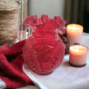 Vintage Fenton 6&quot; Cranberry Red Glass Vase with Ruffle Rim and Bow or Ribbon Accent