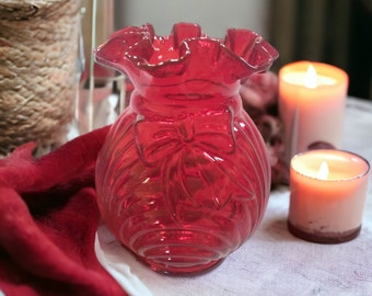 Vintage Fenton 6&quot; Cranberry Red Glass Vase with Ruffle Rim and Bow or Ribbon Accent