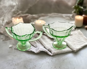 Vintage Green Depression Glass Scalloped Ribbed Hexagon Sugar Pedestal & Creamer Glass